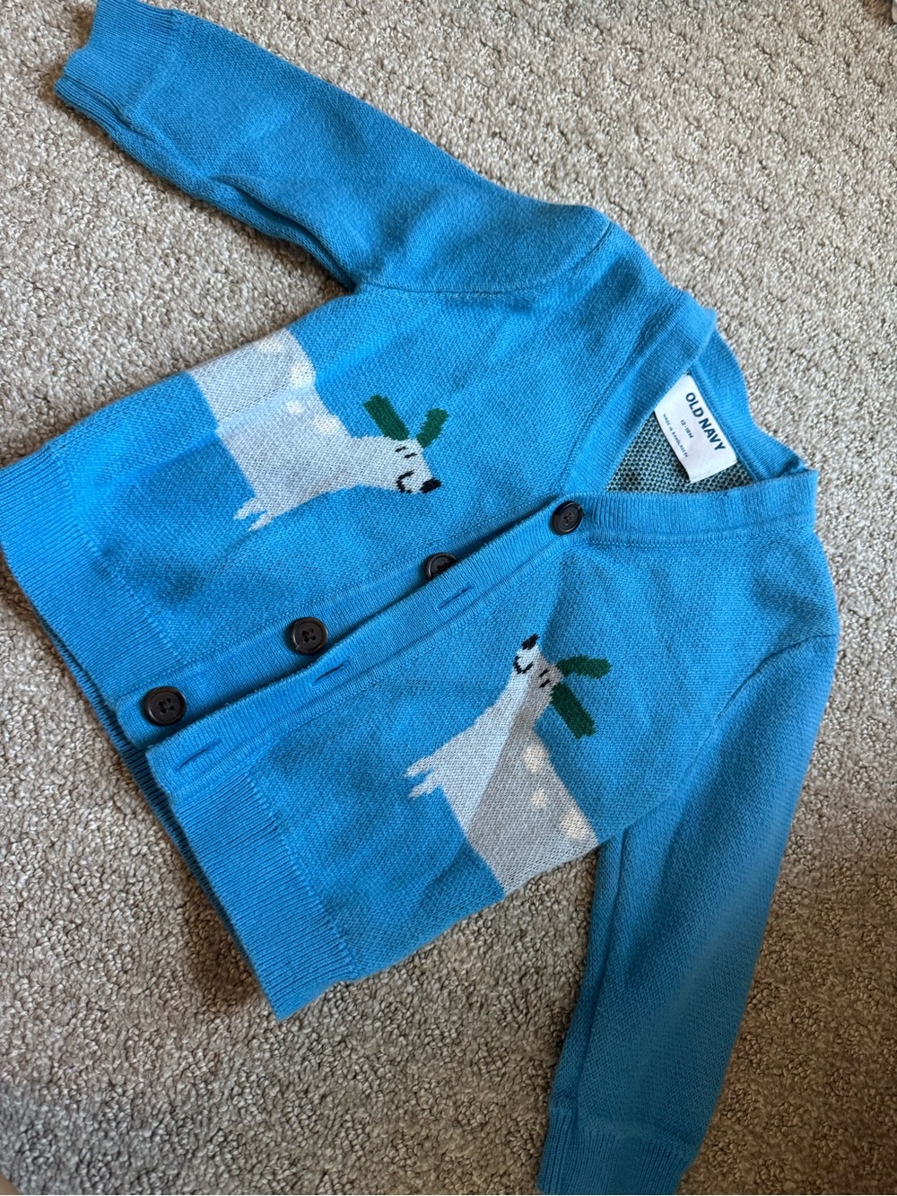 Old Navy Bright Blue Polar Bear Cardigan with Green Scarf
